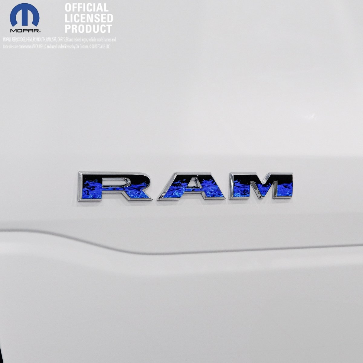 RAM Door x2 Emblem Overlay Decals BLUE FLAMES Fits 2019-2026 RAM Trucks - Tiny Wrapz