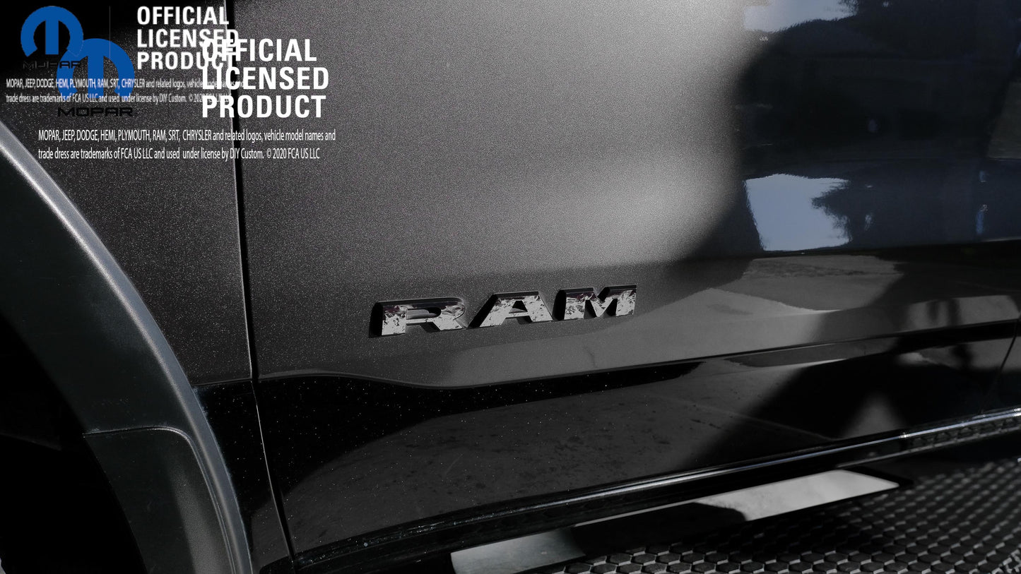 RAM Door x2 Emblem Overlay Decals L&R GRAYSCALE FIRE FLAMES Fits 2019-2025 RAM Trucks
