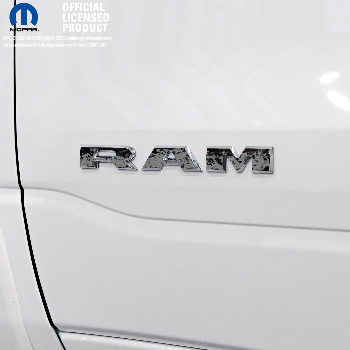 RAM Door x2 Emblem Overlay Decals L&R GRAYSCALE FIRE FLAMES Fits 2019-2025 RAM Trucks