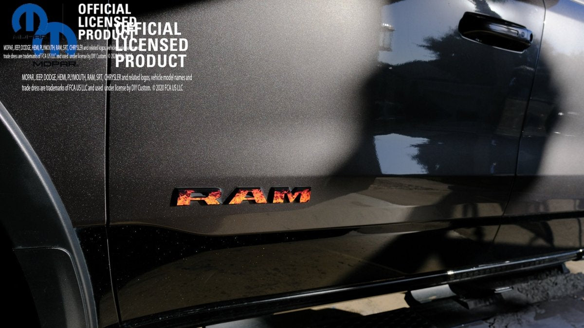RAM Door x2 Emblem Overlay Decals L&R REAL FIRE FLAMES Fits 2019-2026 RAM Trucks - Tiny Wrapz