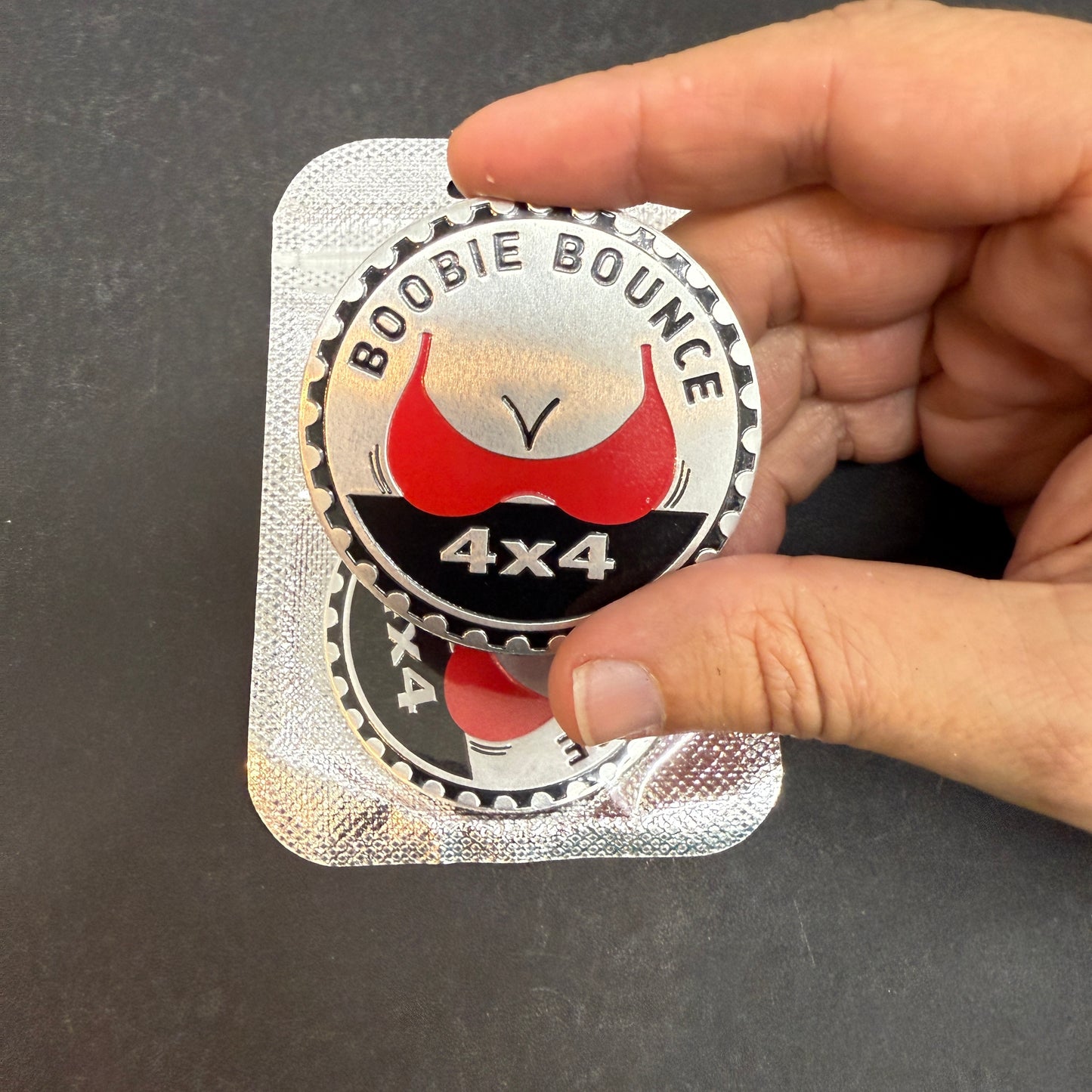 Boobie Bounce Rated 4x4 Metal Badge For Jeep Wrangler Door Fender