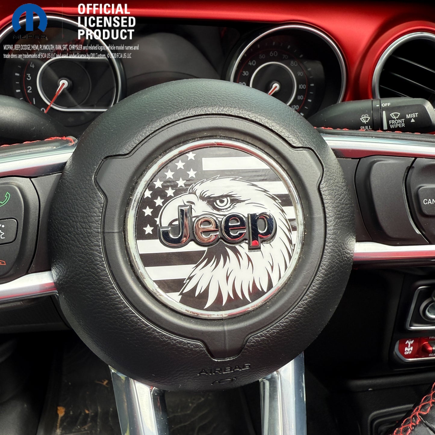 Jeep Wrangler JL Gladiator Steering Wheel Circle Black & White Bald Eagle American Flag Vinyl Decal Sticker