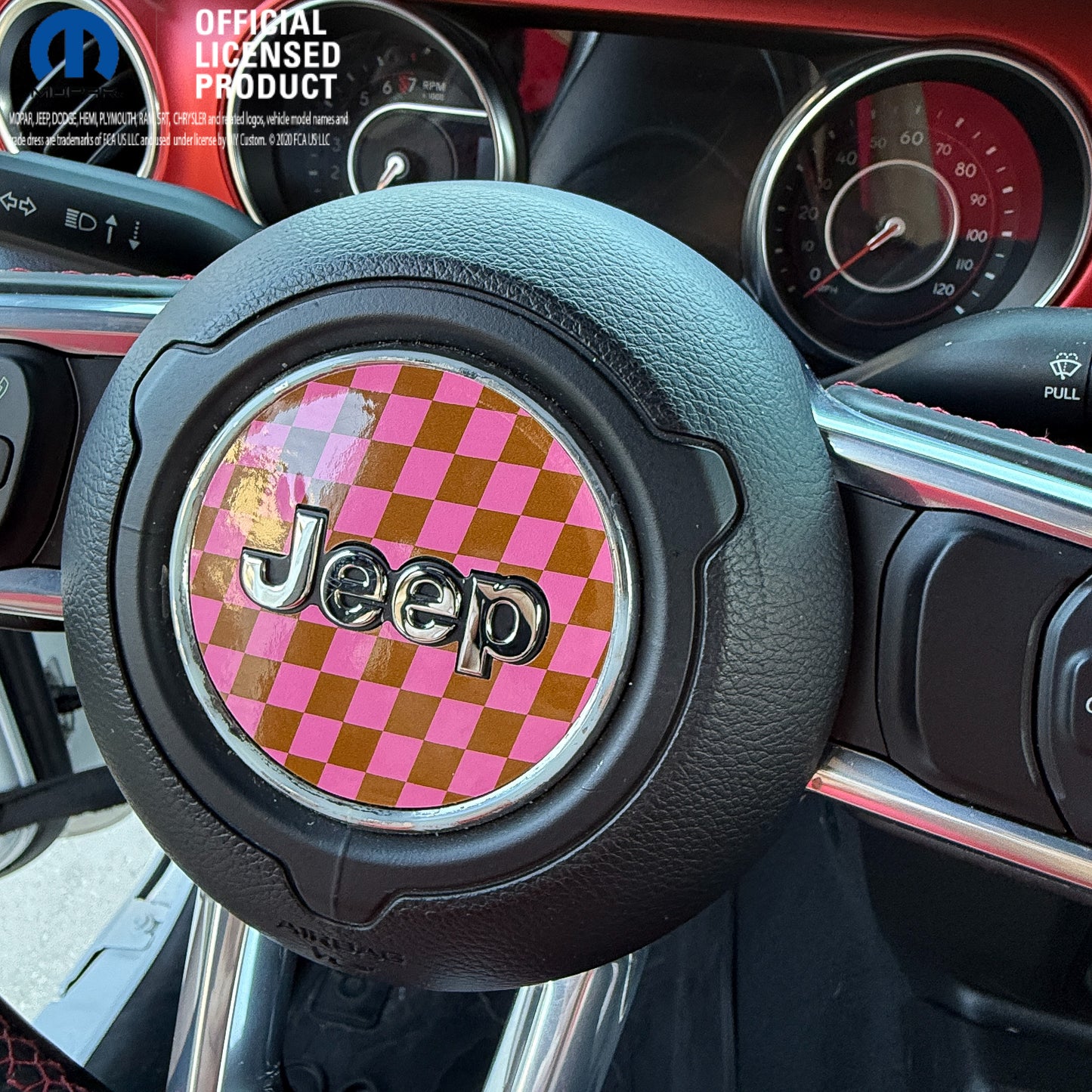Jeep Wrangler JL Gladiator Steering Wheel Pink & Brown Circle Checkered Flag Vinyl Decal Sticker