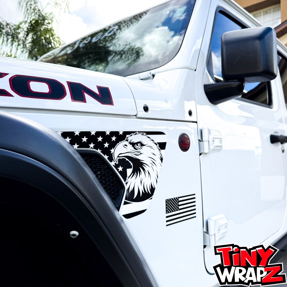 Jeep Fender Vent Decals Pair "Black and White Eagle American Flag" Fits 2018-2026 Wrangler JL & Gladiator - Tiny Wrapz