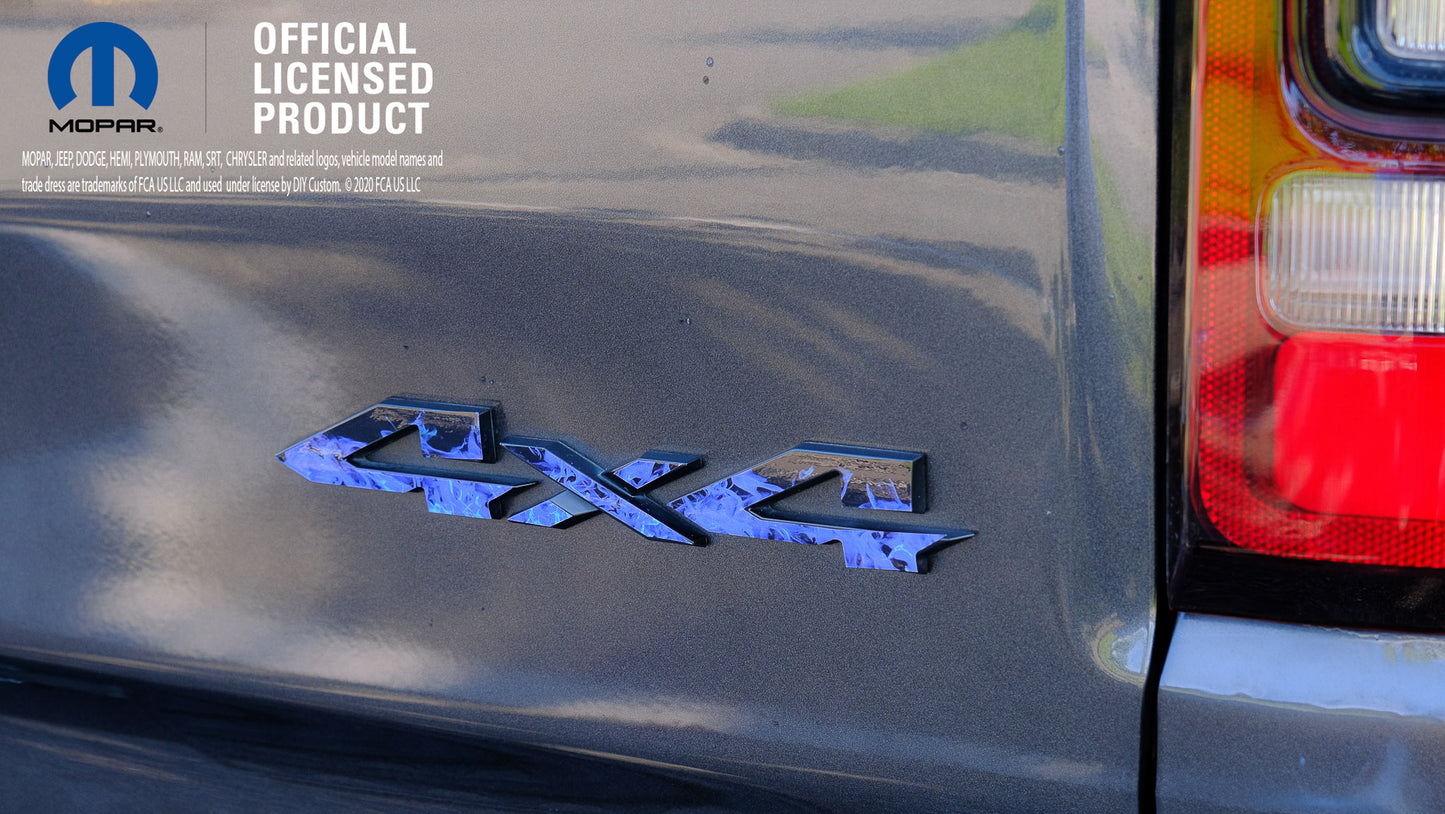 RAM 4x4 Emblem Overlay Decals BLUE FIRE FLAMES Fits 2009-2026 1500-5500