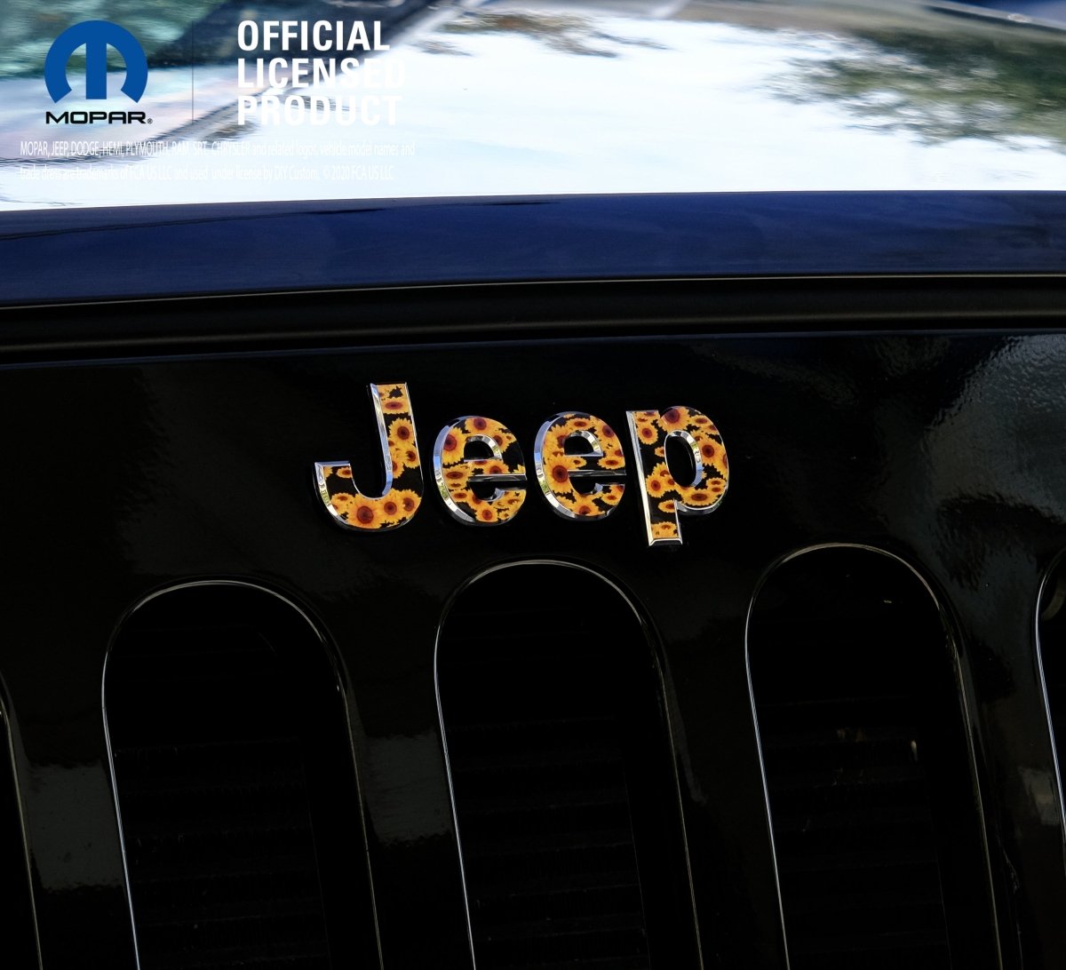 Jeep Emblem Overlay Decals - Sunflowers on Black - Tiny Wrapz