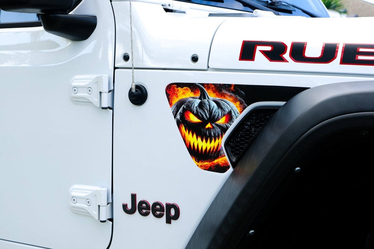 Jeep Fender Vent Decals Pair "Flaming Jack-O-Lantern" Fits 2018-2026 Wrangler JL & Gladiator - Tiny Wrapz