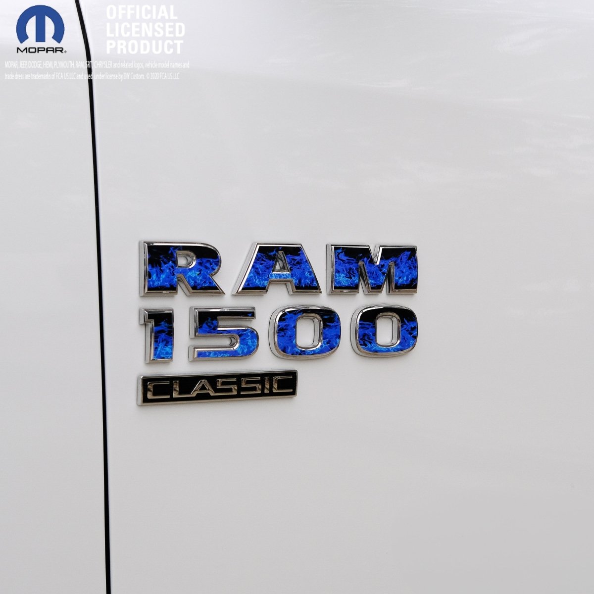 RAM Classic 1500 - 3500 Door Emblem Decals BLUE FLAMES Fits 2009 - 2024 - Tiny Wrapz