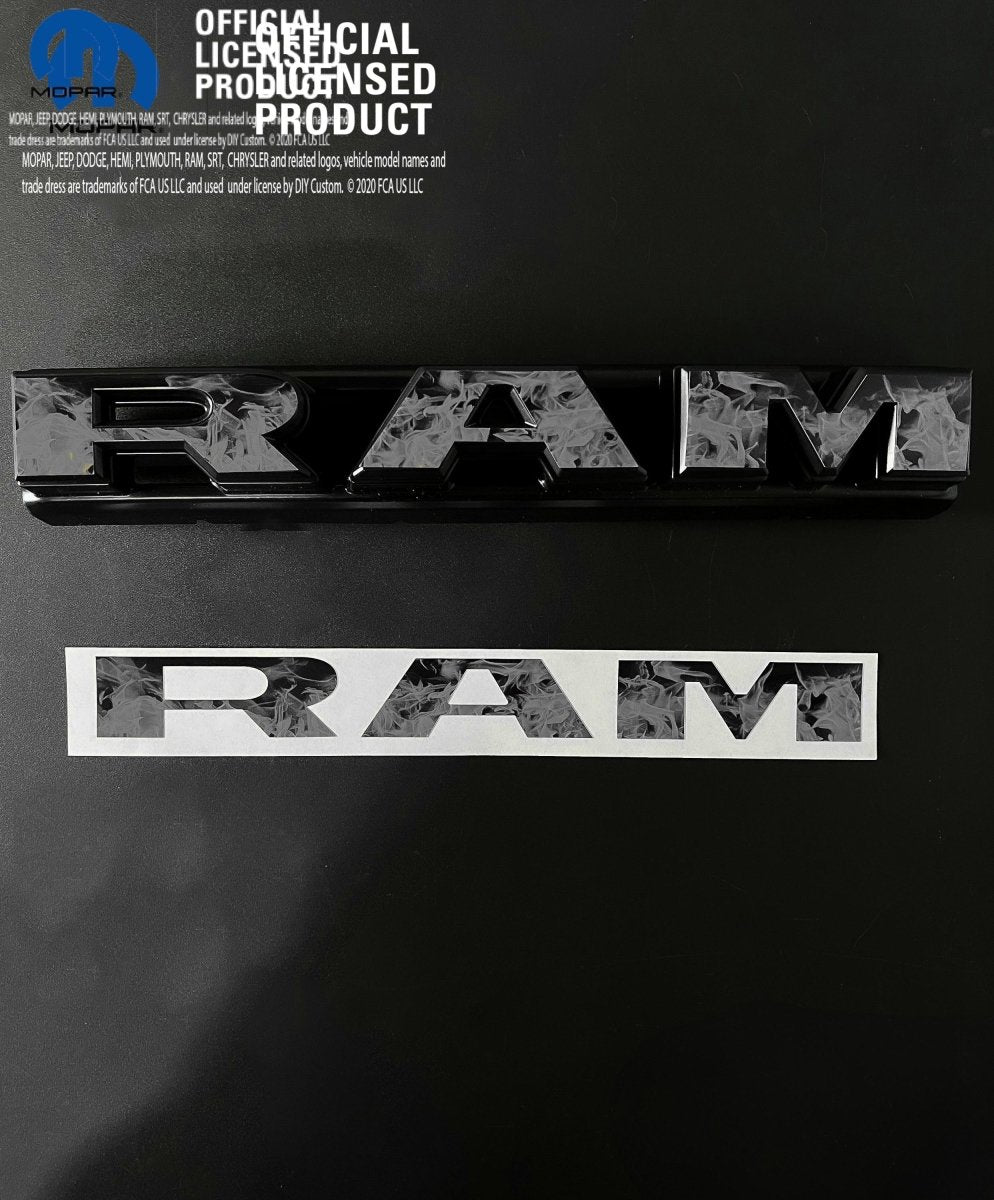 RAM Grill Emblem Overlay Decals GRAYSCALE FIRE FLAMES Fits 2009-2026 1500-5500 - Tiny Wrapz