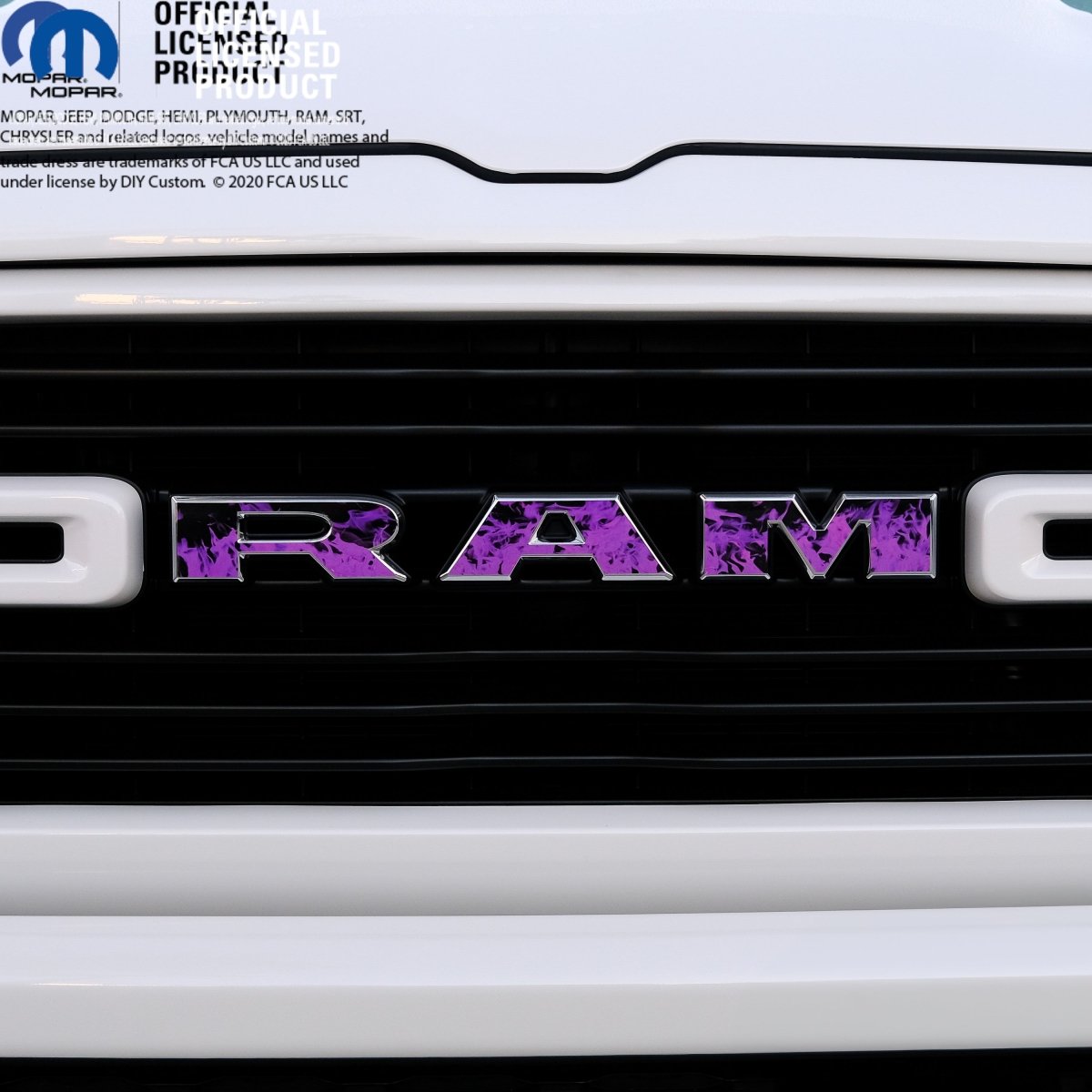 RAM Grill Emblem Overlay Decals PURPLE FLAMES Fits 2009-2026 1500-5500 - Tiny Wrapz