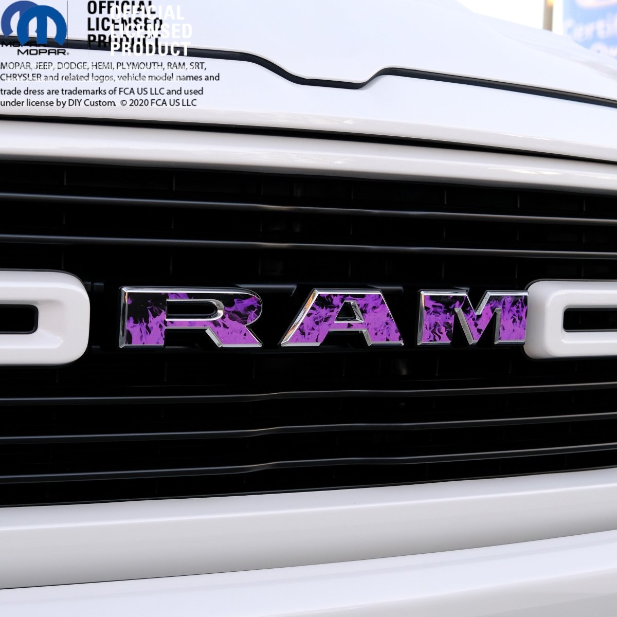 RAM Grill Emblem Overlay Decals PURPLE FLAMES Fits 2009-2026 1500-5500 - Tiny Wrapz