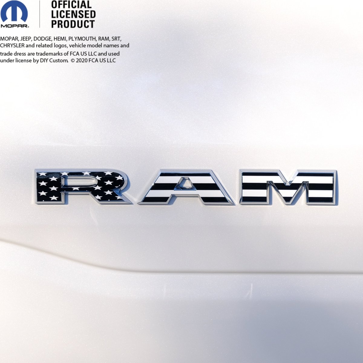 RAM Door x2 Emblem Overlay Decals L&R Black and White American Flag Fits 2019-2026 RAM Trucks - Tiny Wrapz