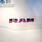 RAM Door x2 Emblem Overlay Decals Pink FIRE FLAMES Fits 2019-2026 RAM Trucks - Tiny Wrapz
