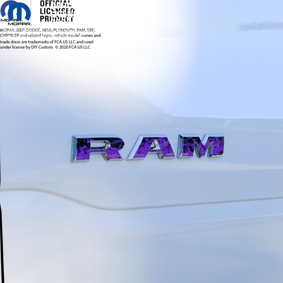 RAM Door x2 Emblem Overlay Decals L&R Purple FIRE FLAMES Fits 2019-2026 RAM Trucks - Tiny Wrapz
