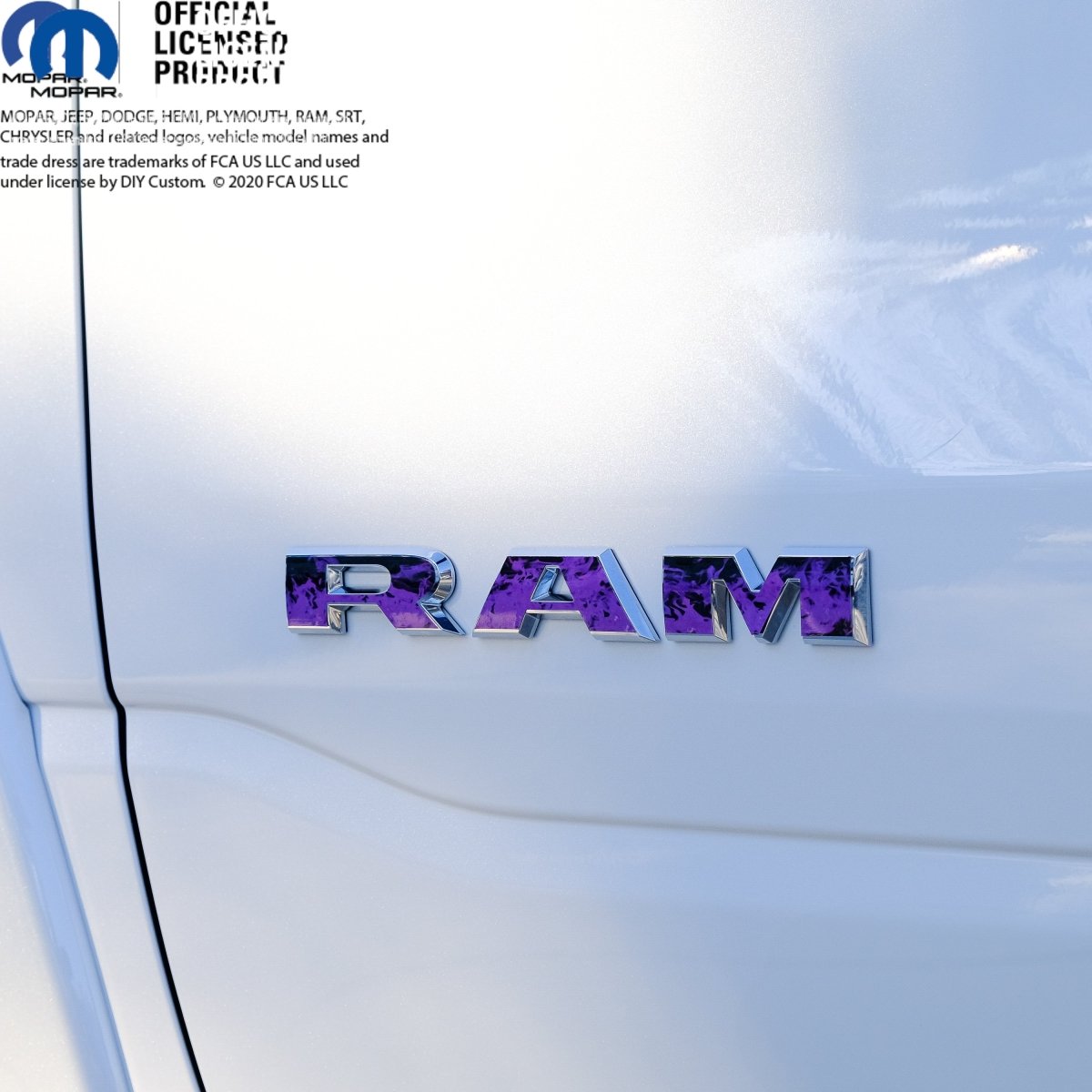 RAM Door x2 Emblem Overlay Decals L&R Purple FIRE FLAMES Fits 2019-2026 RAM Trucks - Tiny Wrapz