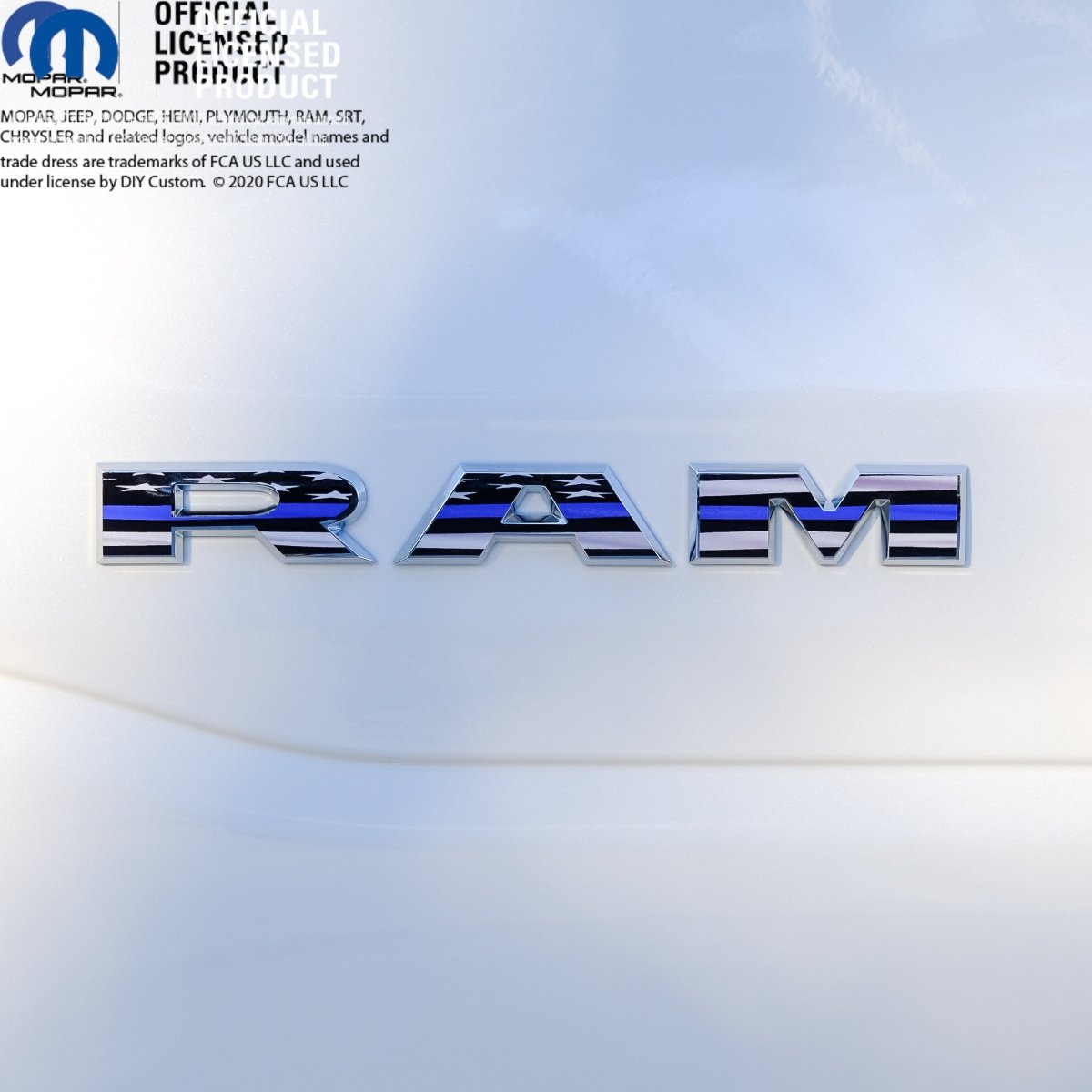 RAM Door x2 Emblem Overlay Decals L&R Thin Blue Line Flag Fits 2019-2026 RAM Trucks - Tiny Wrapz