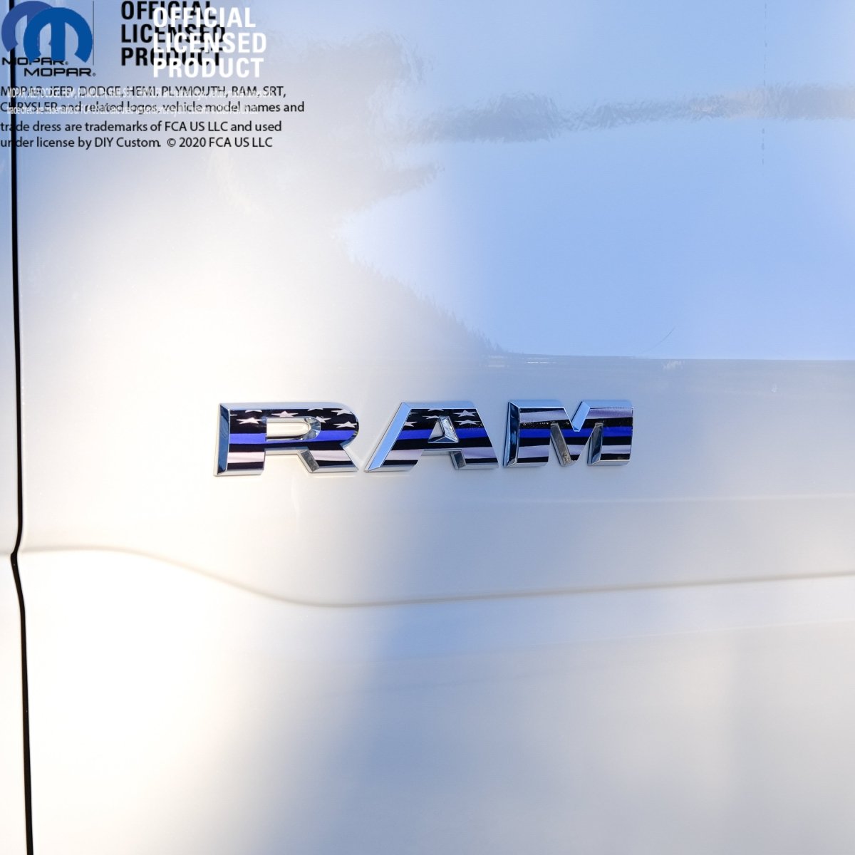RAM Door x2 Emblem Overlay Decals L&R Thin Blue Line Flag Fits 2019-2026 RAM Trucks - Tiny Wrapz