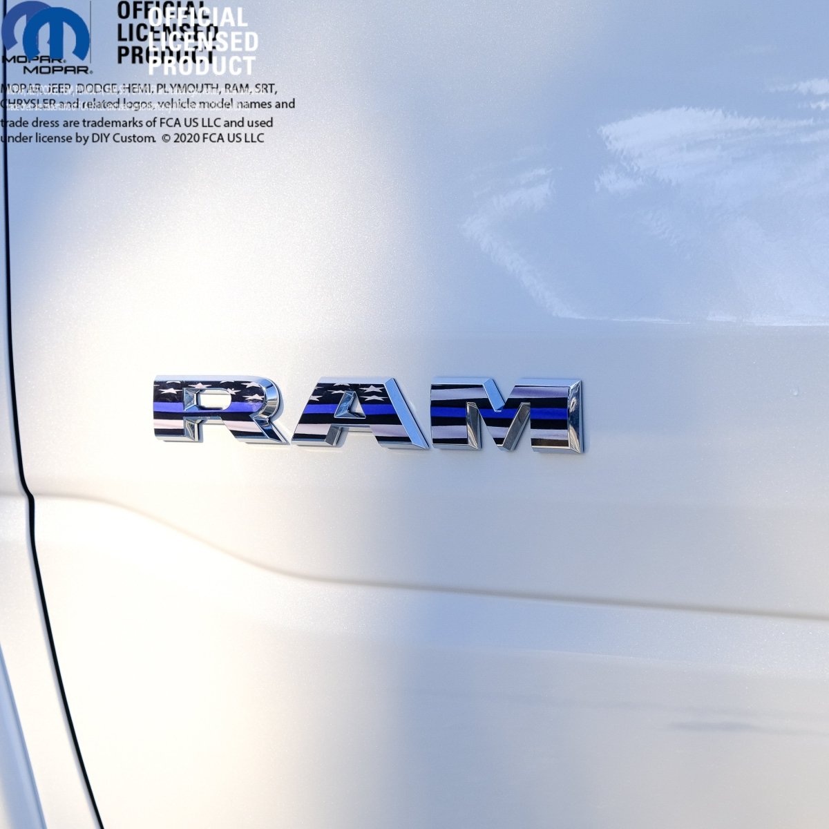 RAM Door x2 Emblem Overlay Decals L&R Thin Blue Line Flag Fits 2019-2026 RAM Trucks - Tiny Wrapz