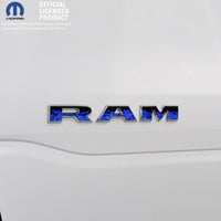 RAM Door x2 Emblem Overlay Decals BLUE FLAMES Fits 2019-2026 RAM Trucks - Tiny Wrapz