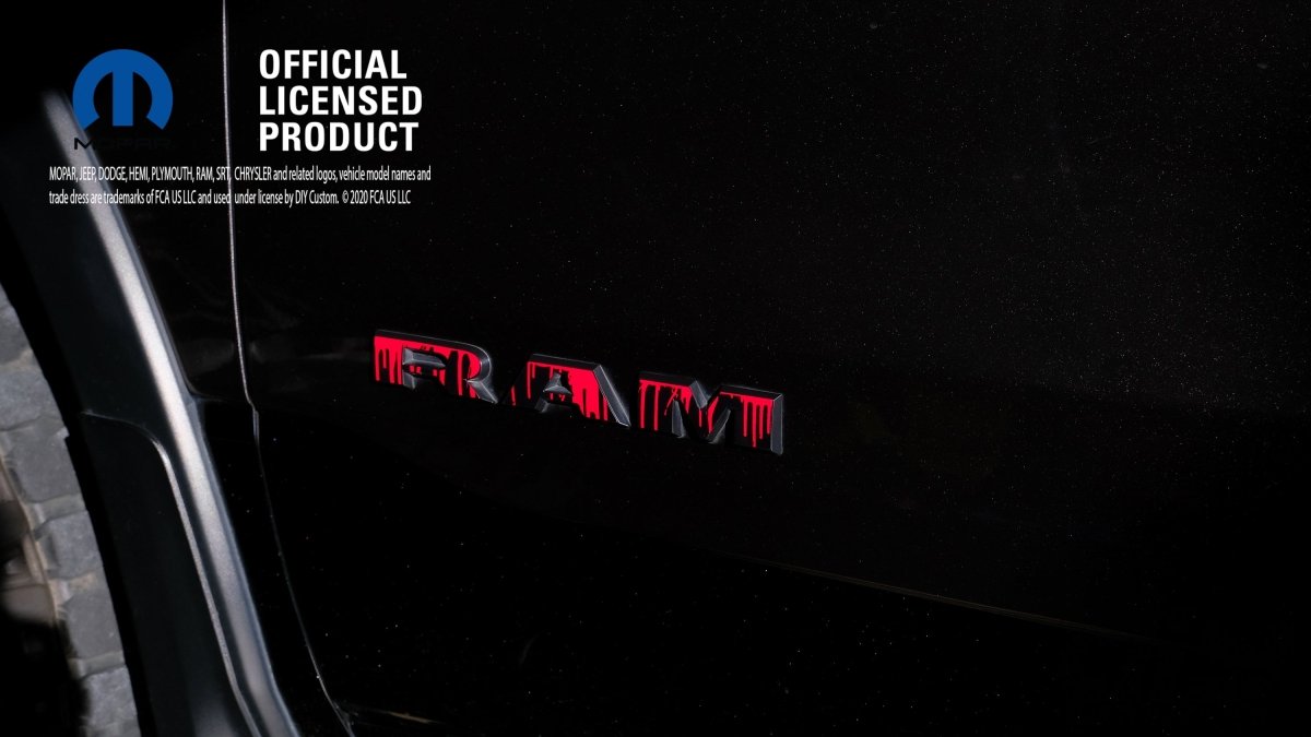 RAM Door x2 Emblem Overlay Decals DRIPPING RED Fits 2019-2026 RAM Trucks - Tiny Wrapz