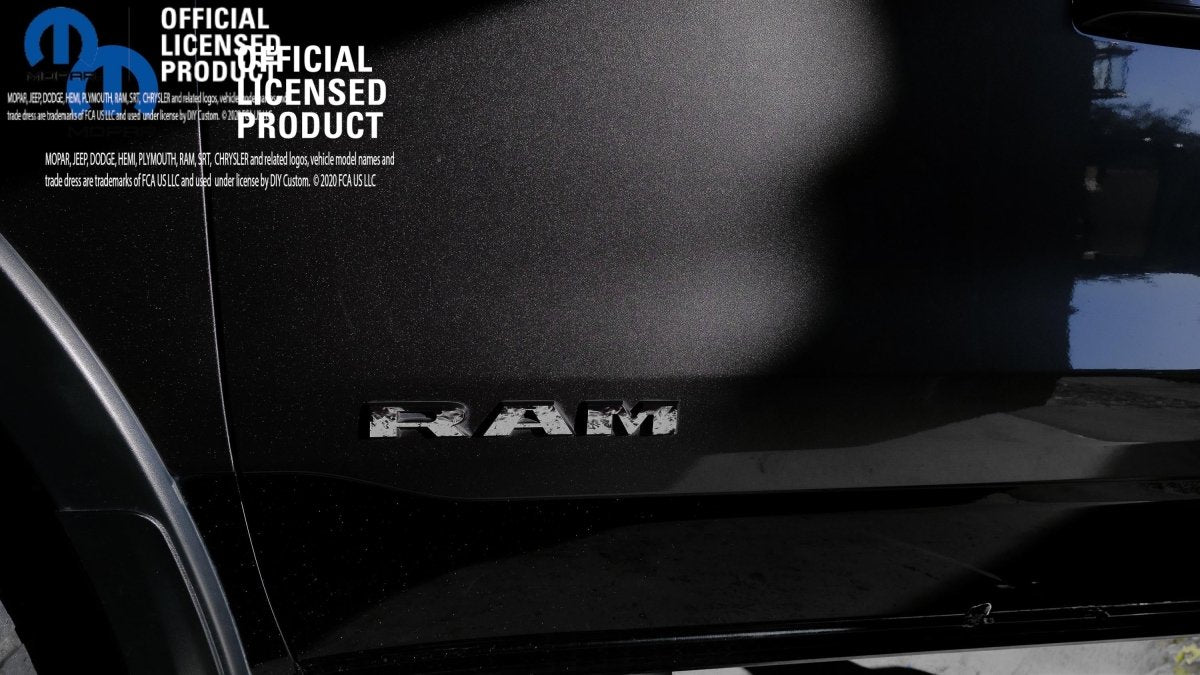 RAM Door x2 Emblem Overlay Decals L&R GRAYSCALE FIRE FLAMES Fits 2019-2026 RAM Trucks - Tiny Wrapz