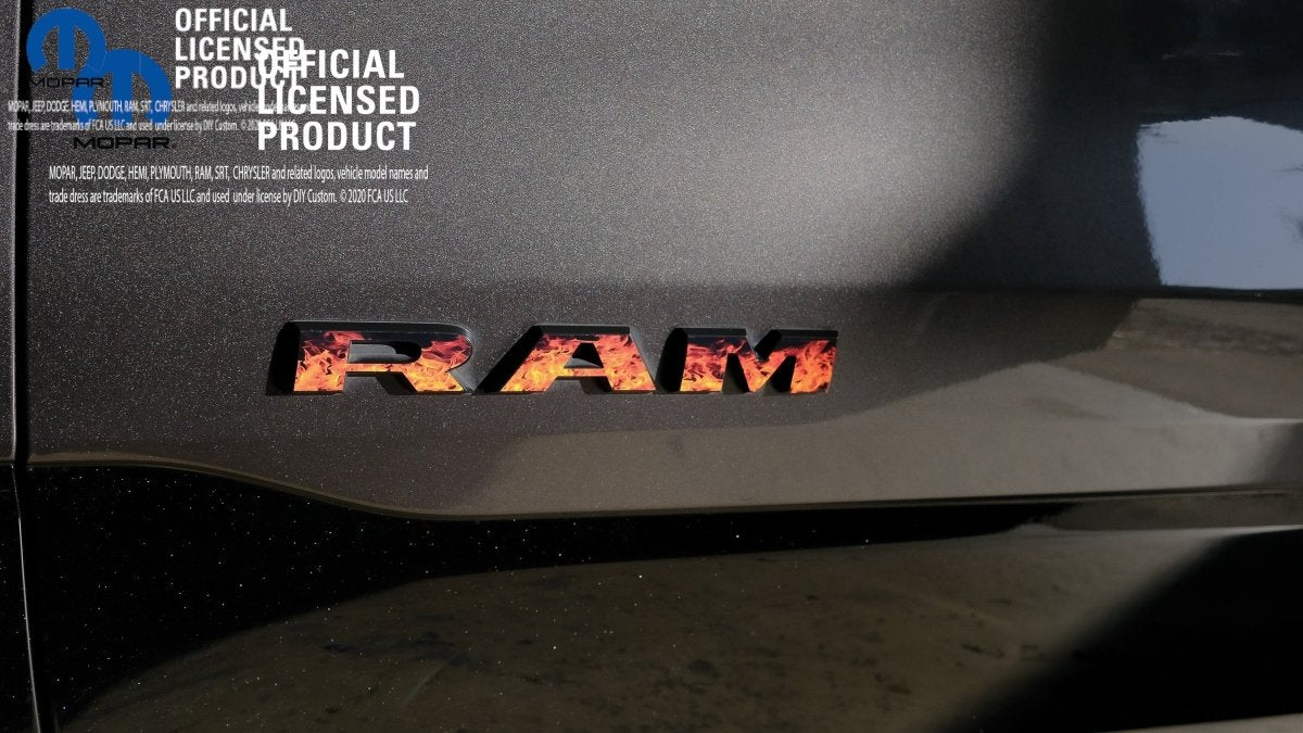 RAM Door x2 Emblem Overlay Decals L&R REAL FIRE FLAMES Fits 2019-2026 RAM Trucks - Tiny Wrapz