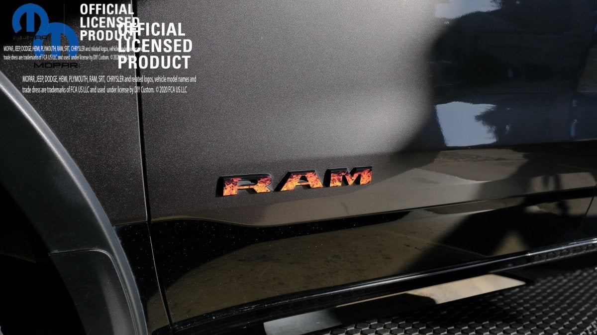 RAM Door x2 Emblem Overlay Decals L&R REAL FIRE FLAMES Fits 2019-2026 RAM Trucks - Tiny Wrapz