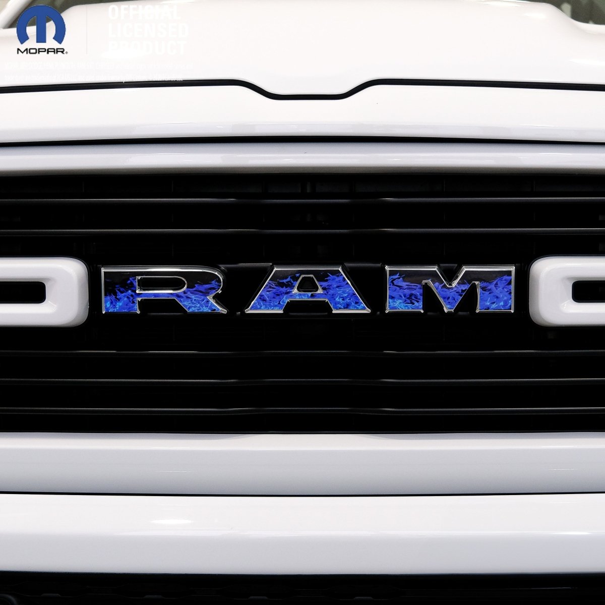 RAM Grill Emblem Overlay Decals BLUE FLAMES Fits 2009-2026 1500-5500 - Tiny Wrapz