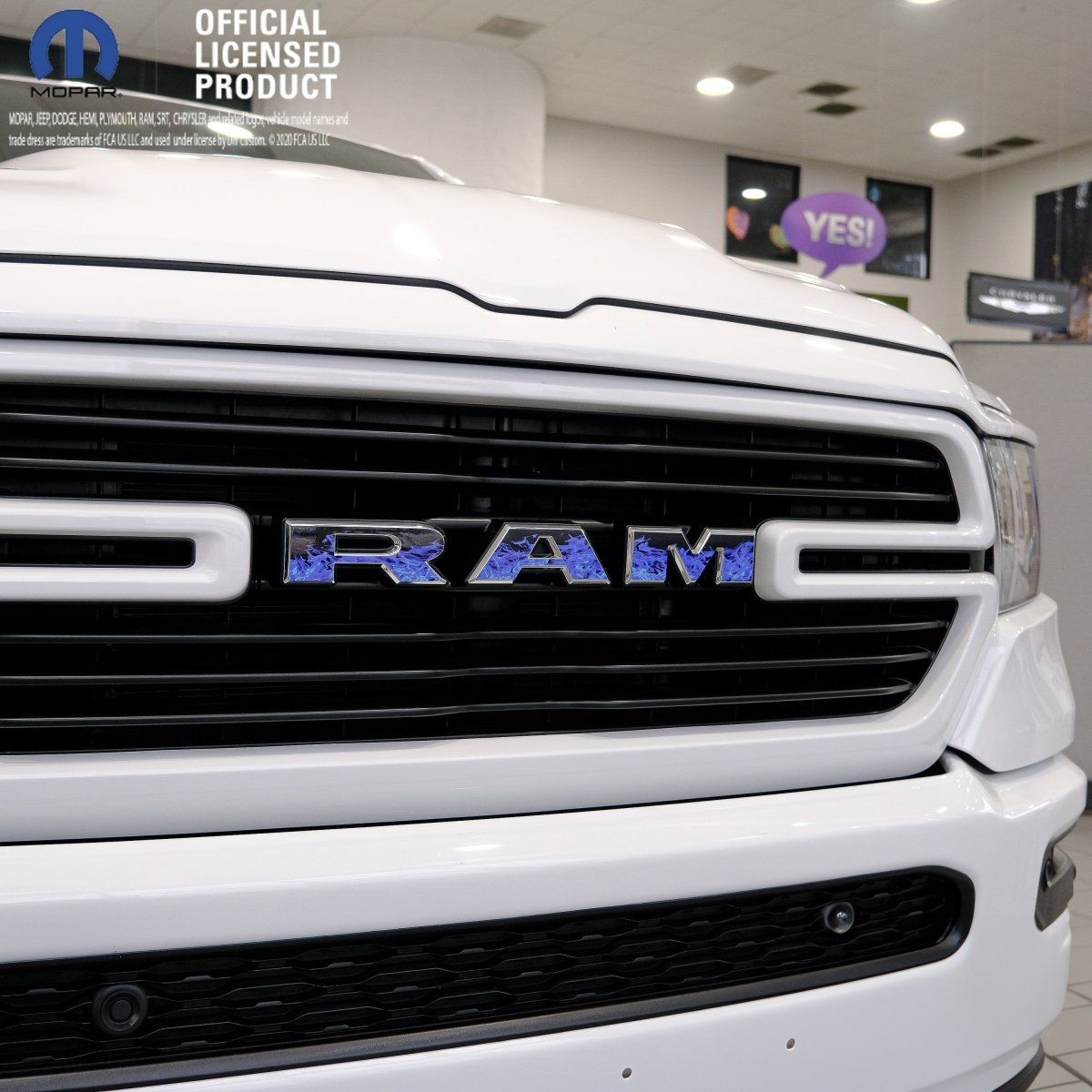 RAM Grill Emblem Overlay Decals BLUE FLAMES Fits 2009-2026 1500-5500 - Tiny Wrapz