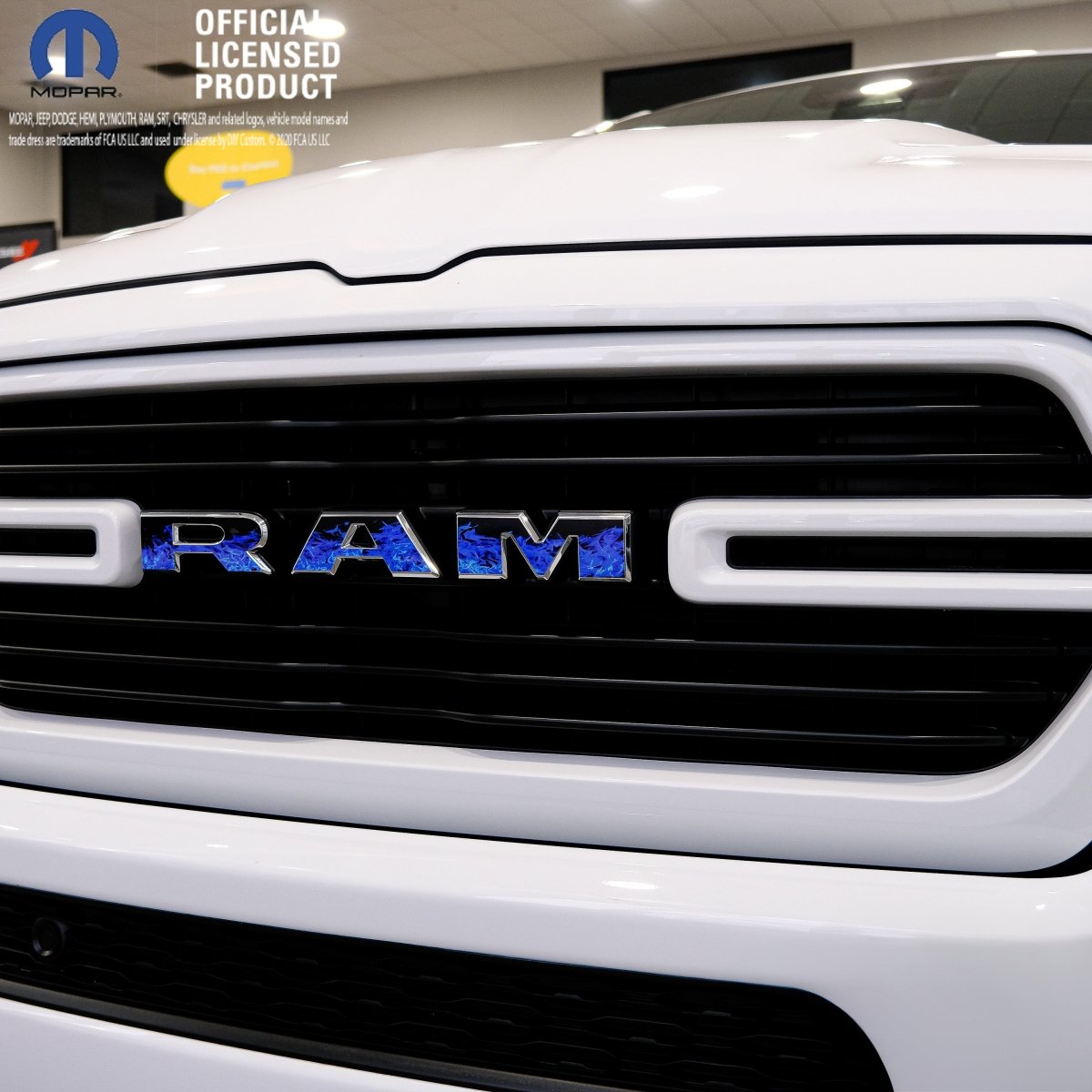RAM Grill Emblem Overlay Decals BLUE FLAMES Fits 2009-2026 1500-5500 - Tiny Wrapz