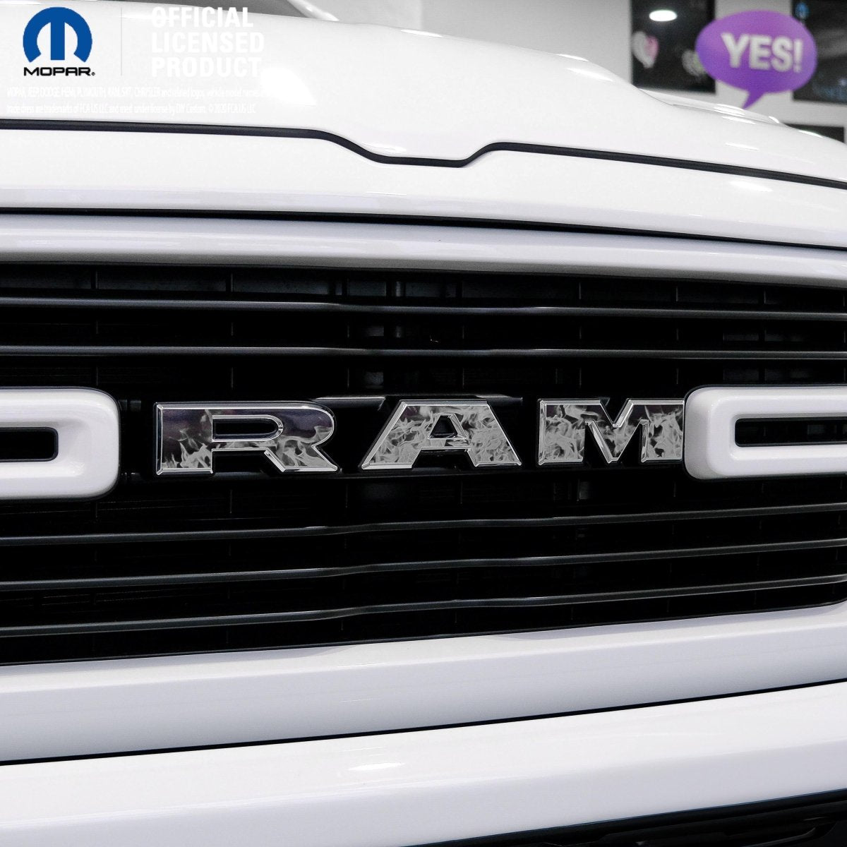 RAM Grill Emblem Overlay Decals GRAYSCALE FIRE FLAMES Fits 2009-2026 1500-5500 - Tiny Wrapz