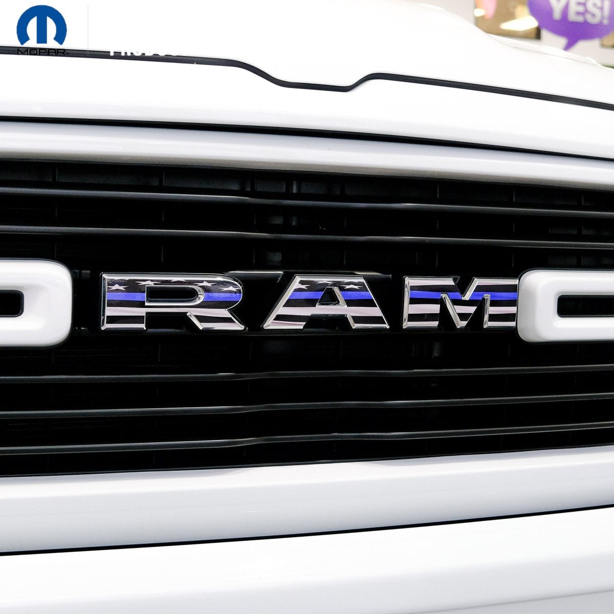 RAM Grill Emblem Overlay Decals THIN BLUE LINE FLAG Fits 2009-2026 1500-5500 - Tiny Wrapz