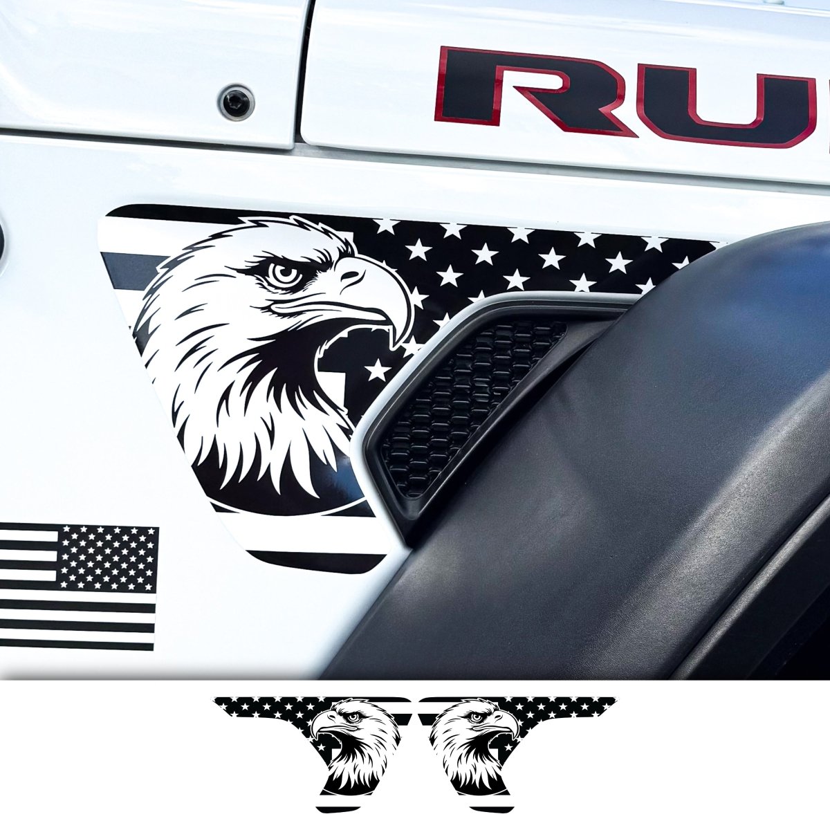 Jeep Fender Vent Decals Pair "Black and White Eagle American Flag" Fits 2018-2026 Wrangler JL & Gladiator - Tiny Wrapz