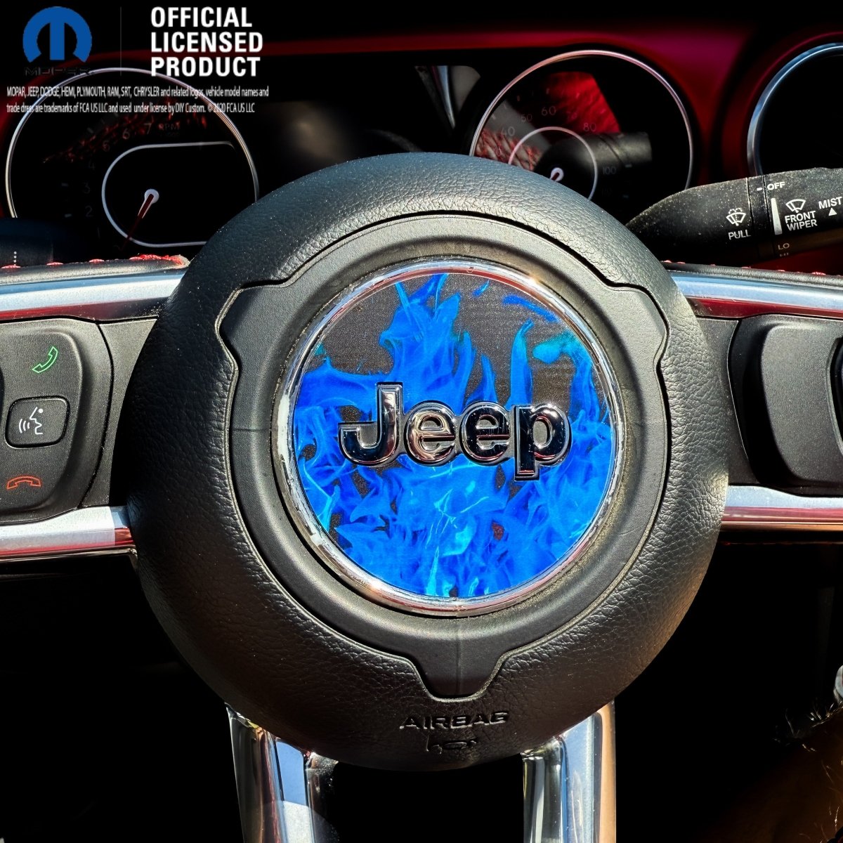 Jeep Wrangler JL Gladiator Steering Wheel Circle Blue Flames Vinyl Decal Sticker