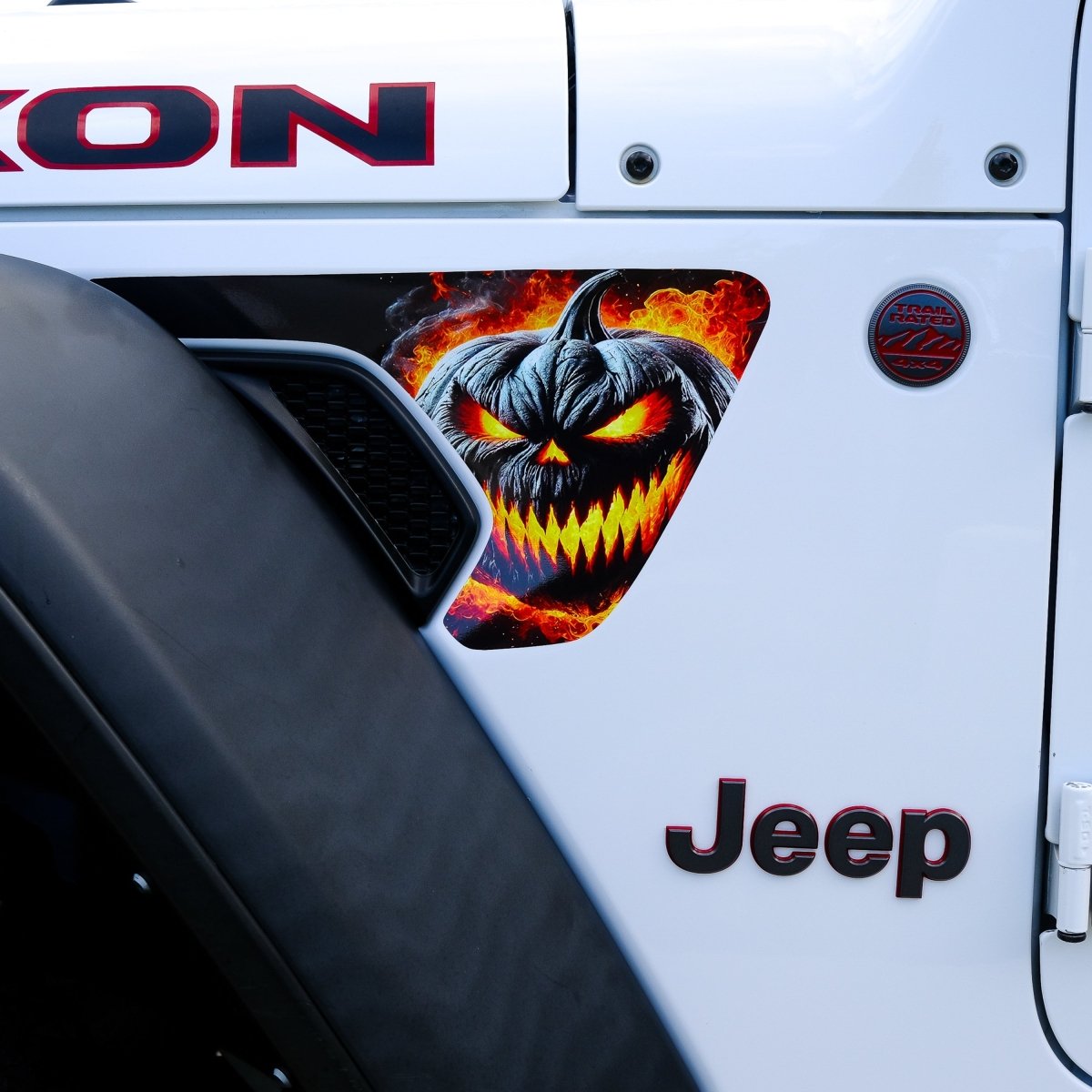 Jeep Fender Vent Decals Pair "Flaming Jack-O-Lantern" Fits 2018-2026 Wrangler JL & Gladiator - Tiny Wrapz