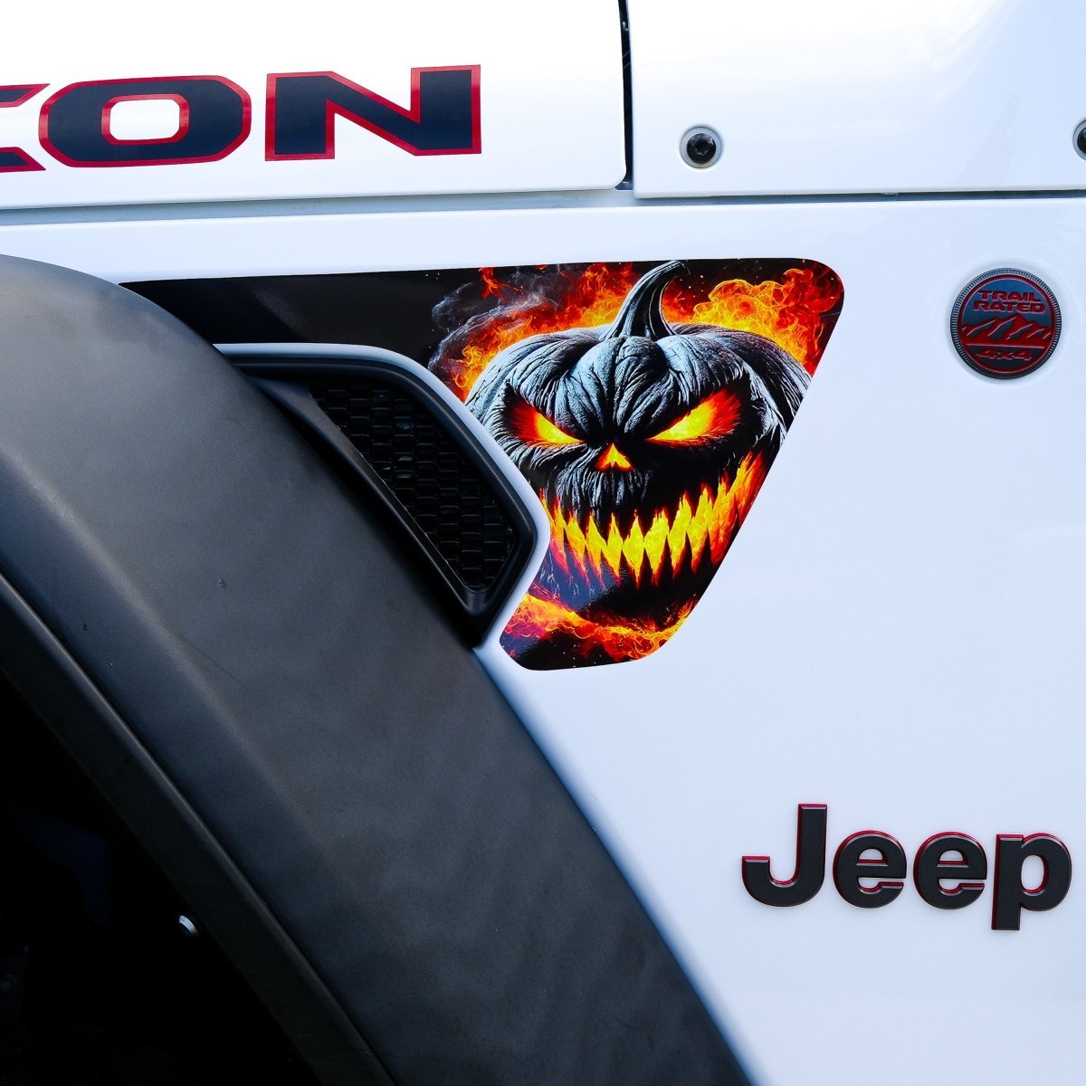 Jeep Fender Vent Decals Pair "Flaming Jack-O-Lantern" Fits 2018-2026 Wrangler JL & Gladiator - Tiny Wrapz