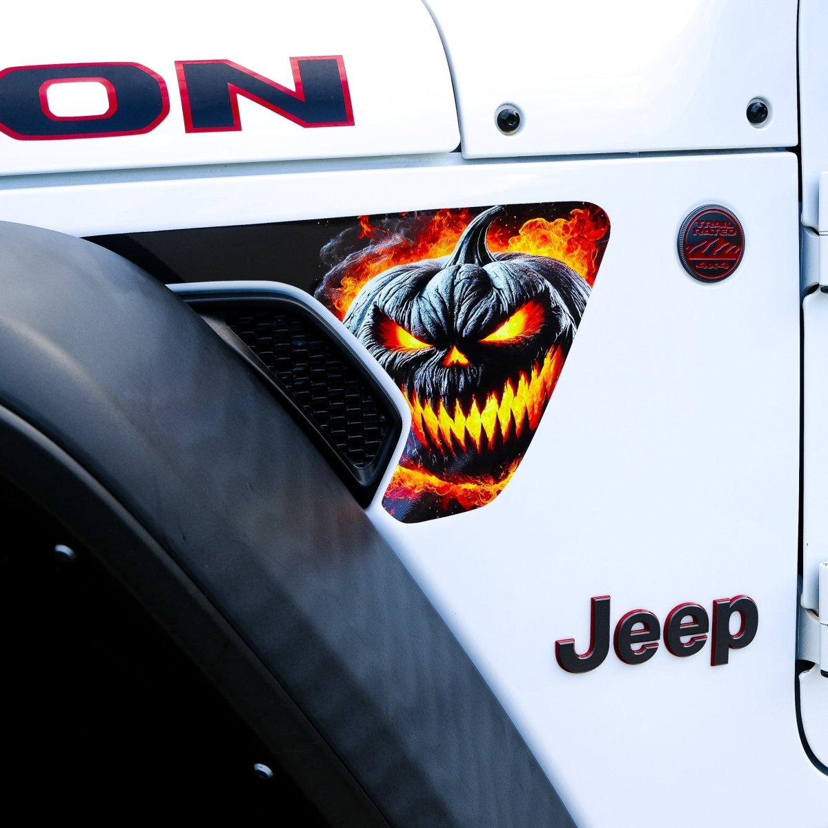 Jeep Fender Vent Decals Pair "Flaming Jack-O-Lantern" Fits 2018-2026 Wrangler JL & Gladiator - Tiny Wrapz