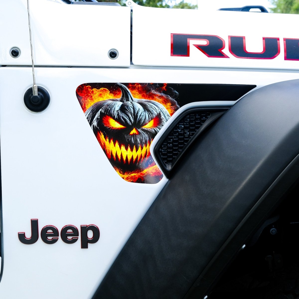 Jeep Fender Vent Decals Pair "Flaming Jack-O-Lantern" Fits 2018-2026 Wrangler JL & Gladiator - Tiny Wrapz