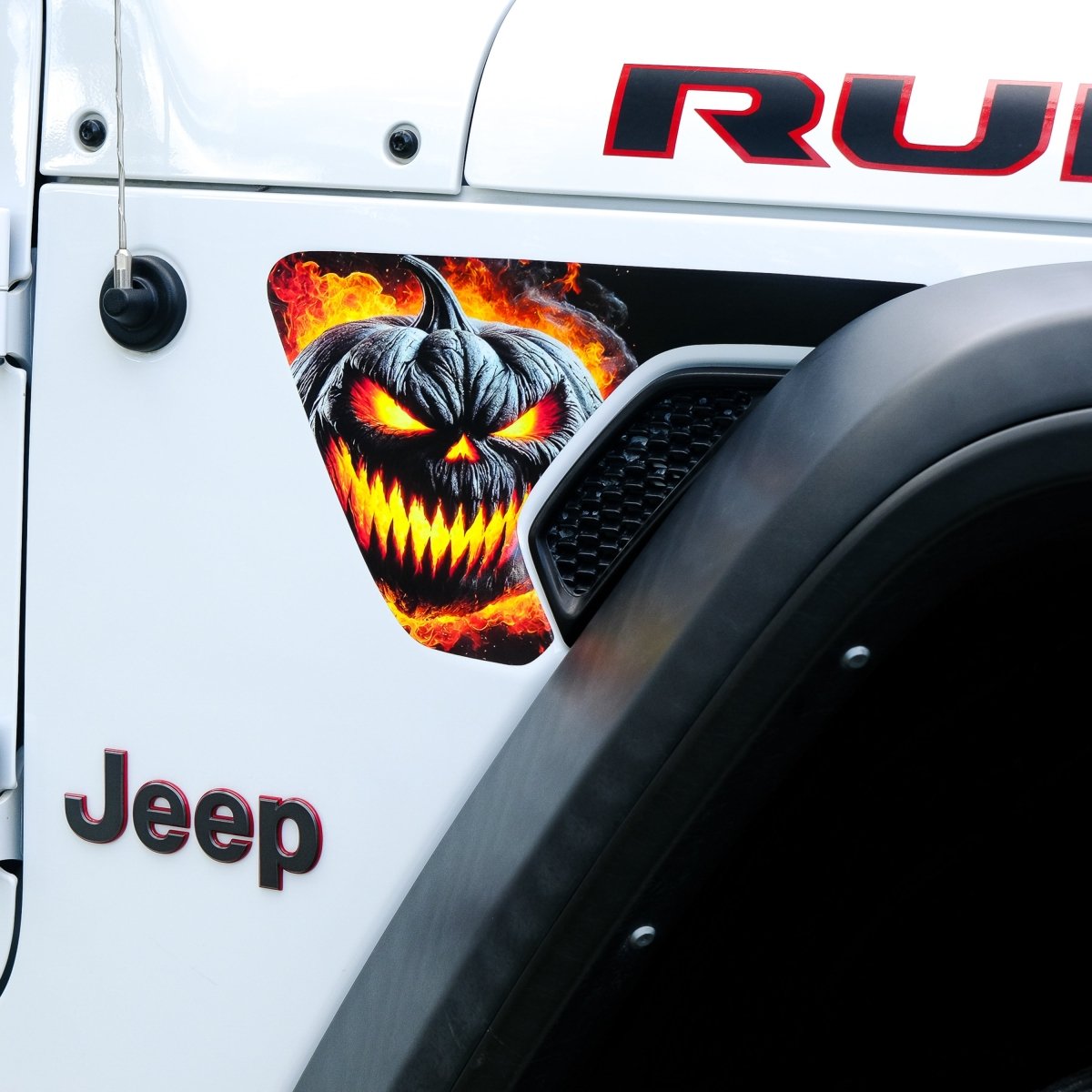 Jeep Fender Vent Decals Pair "Flaming Jack-O-Lantern" Fits 2018-2026 Wrangler JL & Gladiator - Tiny Wrapz