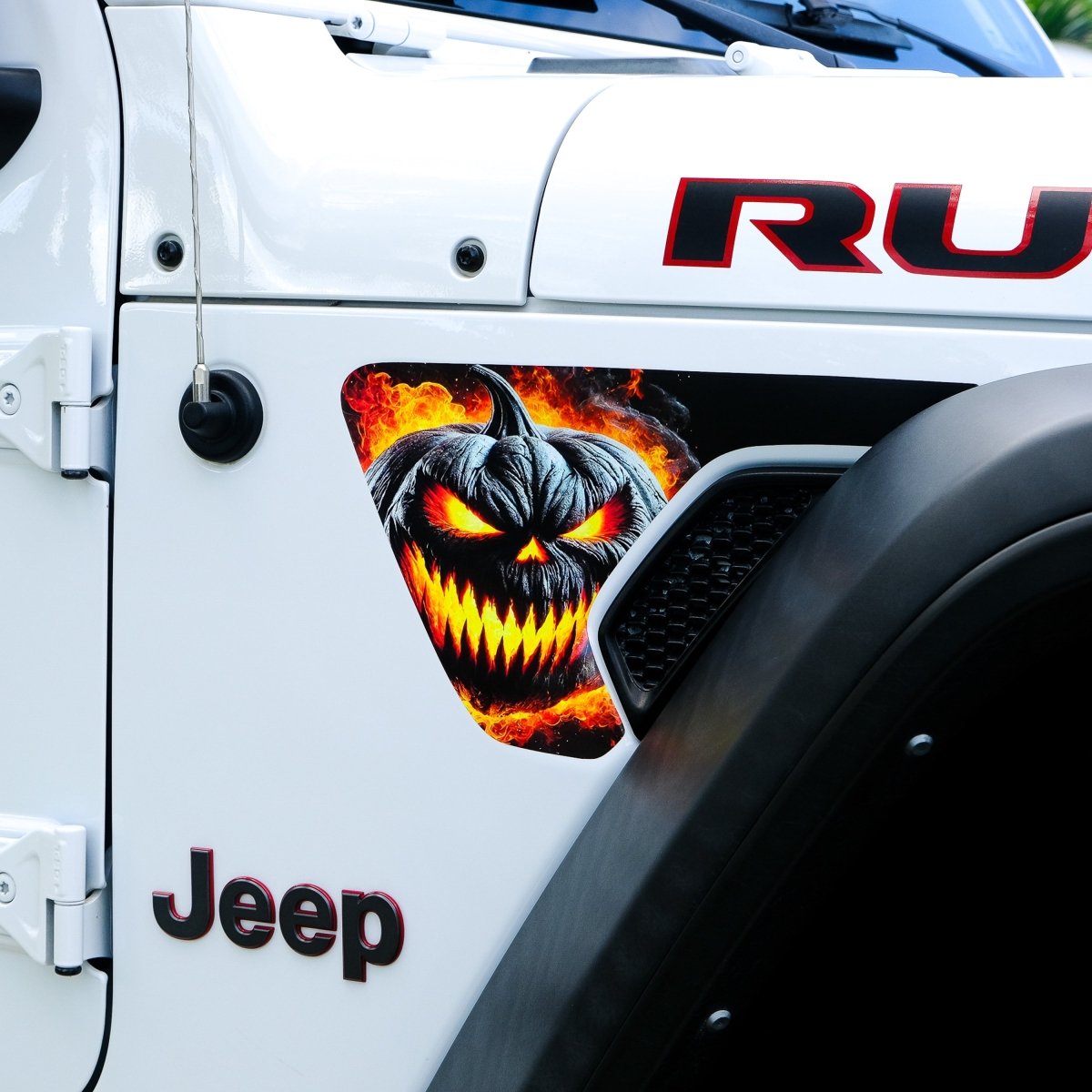 Jeep Fender Vent Decals Pair "Flaming Jack-O-Lantern" Fits 2018-2026 Wrangler JL & Gladiator - Tiny Wrapz