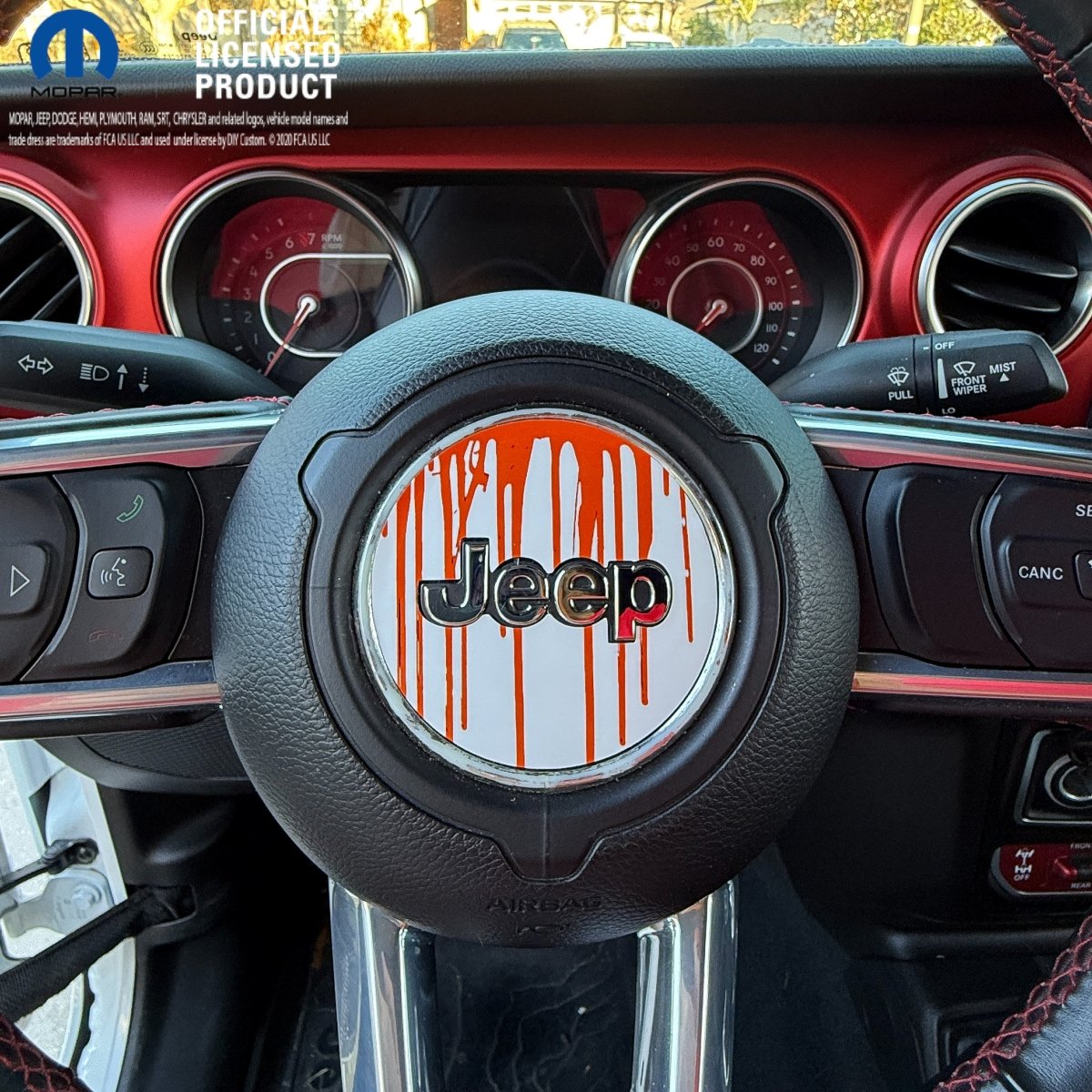 Jeep Wrangler JL Gladiator Steering Wheel Circle Dripping Orange on White Vinyl Decal Sticker - Tiny Wrapz