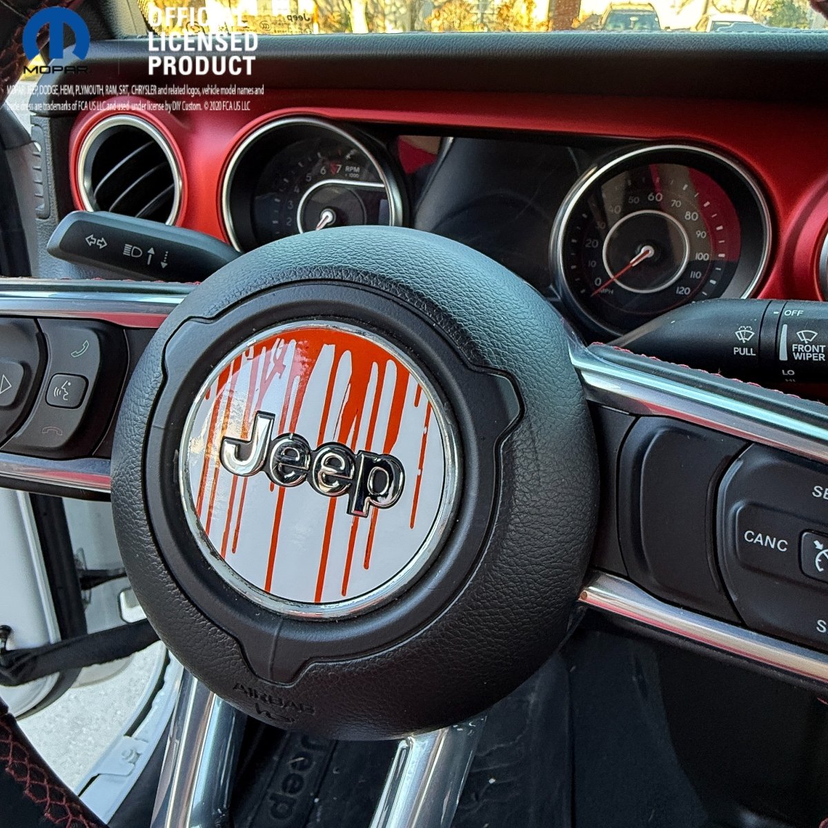 Jeep Wrangler JL Gladiator Steering Wheel Circle Dripping Orange on White Vinyl Decal Sticker - Tiny Wrapz