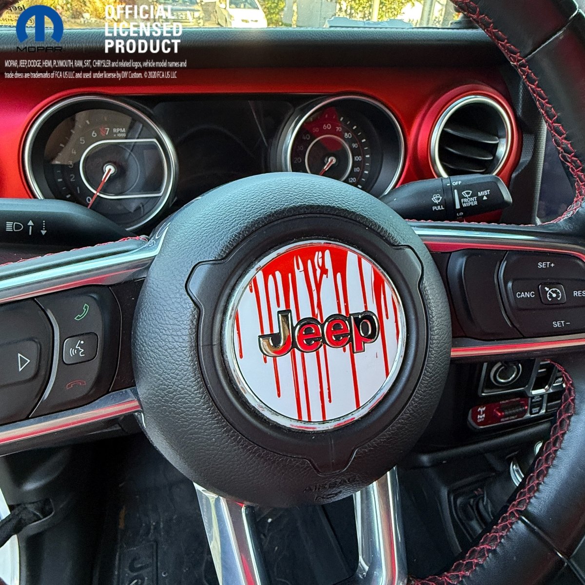 Jeep Wrangler JL Gladiator Steering Wheel Circle Dripping Red on White Vinyl Decal Sticker - Tiny Wrapz