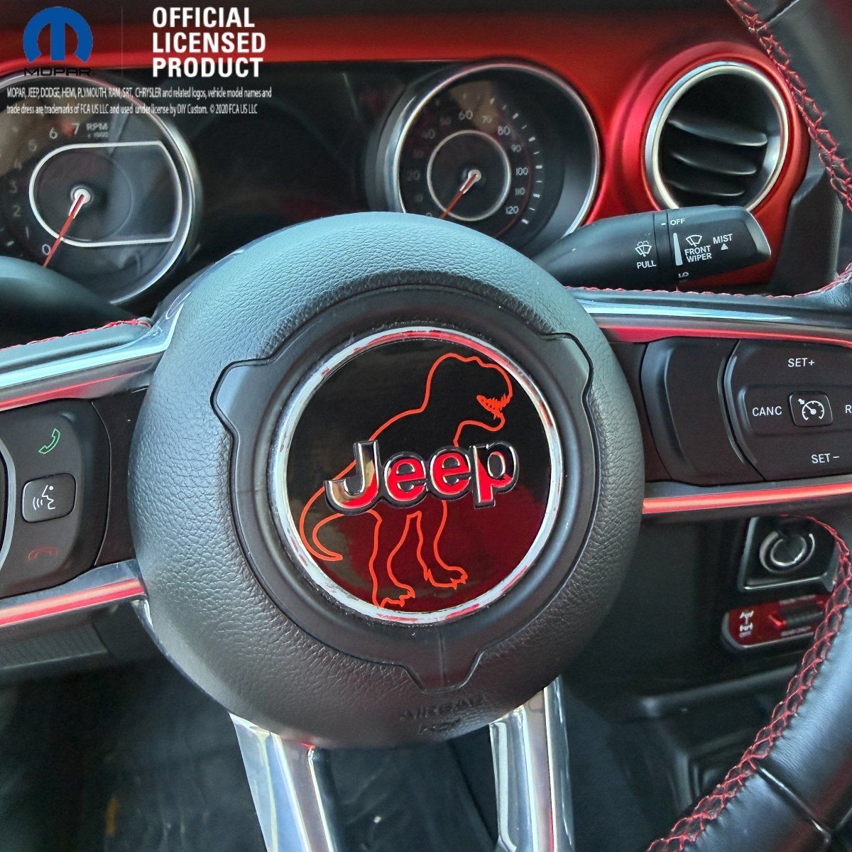 Jeep Wrangler JL Gladiator Steering Wheel Circle Red T-Rex Silhouette Vinyl Decal Sticker - Tiny Wrapz