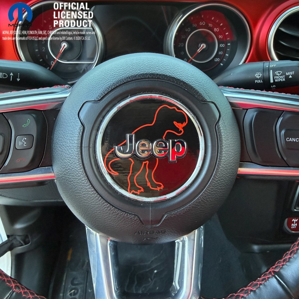 Jeep Wrangler JL Gladiator Steering Wheel Circle Red T-Rex Silhouette Vinyl Decal Sticker - Tiny Wrapz