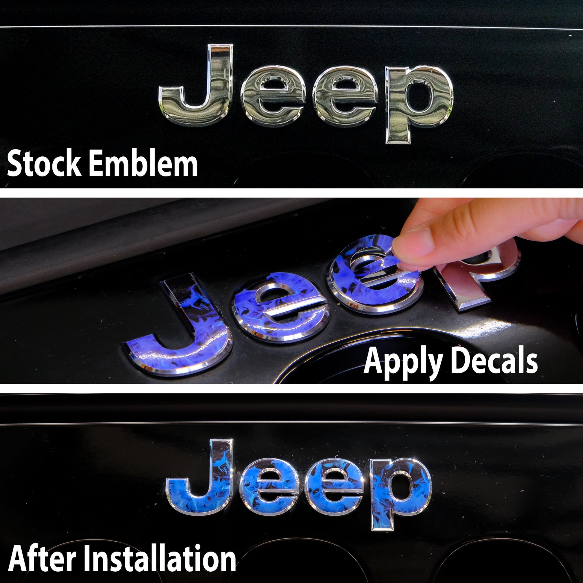 Jeep Wrangler JK hood emblem badge over layvinyl decal before and after installation