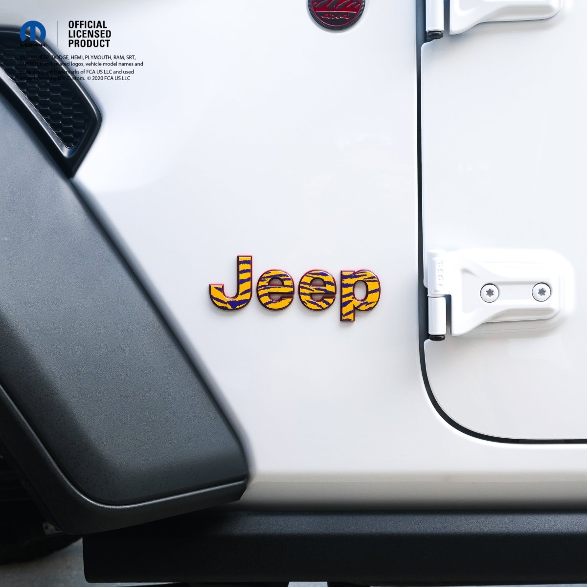 Jeep Wrangler JL Gladiator Fender Emblem Overlay Decals Purple & Yellow Tiger Print Fits 2018+ - Tiny Wrapz