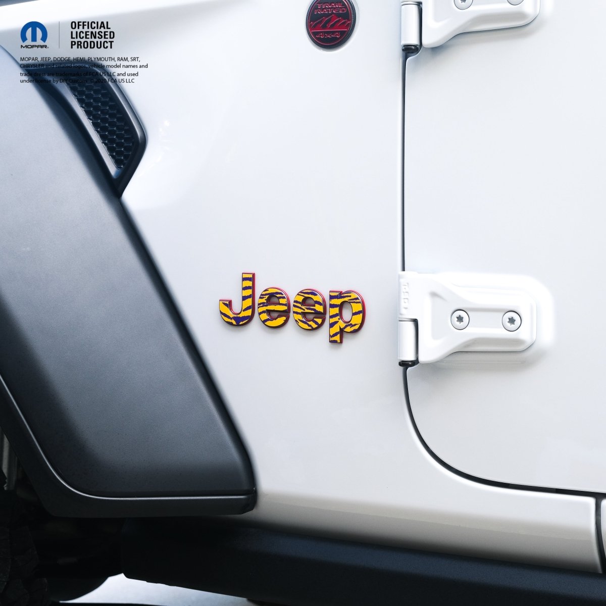 Jeep Wrangler JL Gladiator Fender Emblem Overlay Decals Purple & Yellow Tiger Print Fits 2018+ - Tiny Wrapz