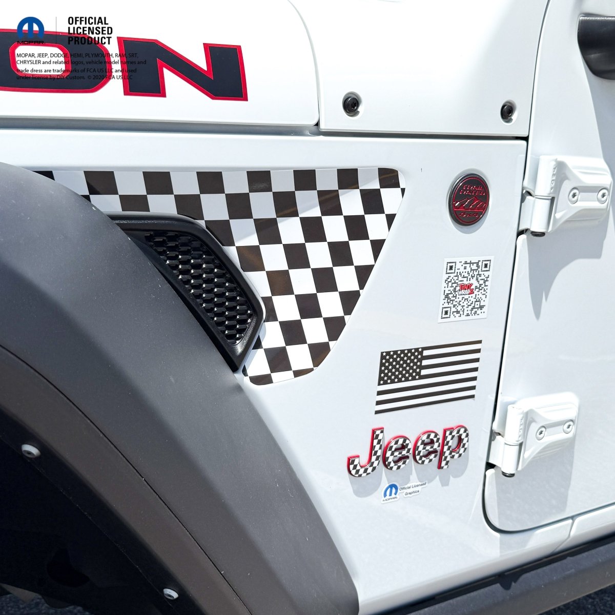 Jeep Emblem Overlay Decals - Checkered Flag Jeep Wrangler JL Gladiator JT Fender Vent Decals Stickers - Tiny Wrapz