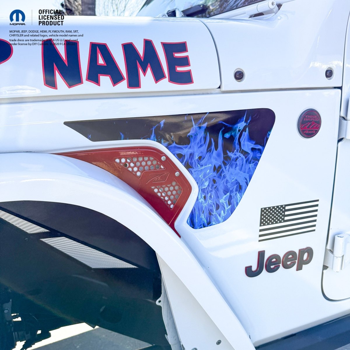 Jeep Fender Vent Decals Pair "Blue Flames" Fits 2018-2026 Wrangler JL & Gladiator - Tiny Wrapz